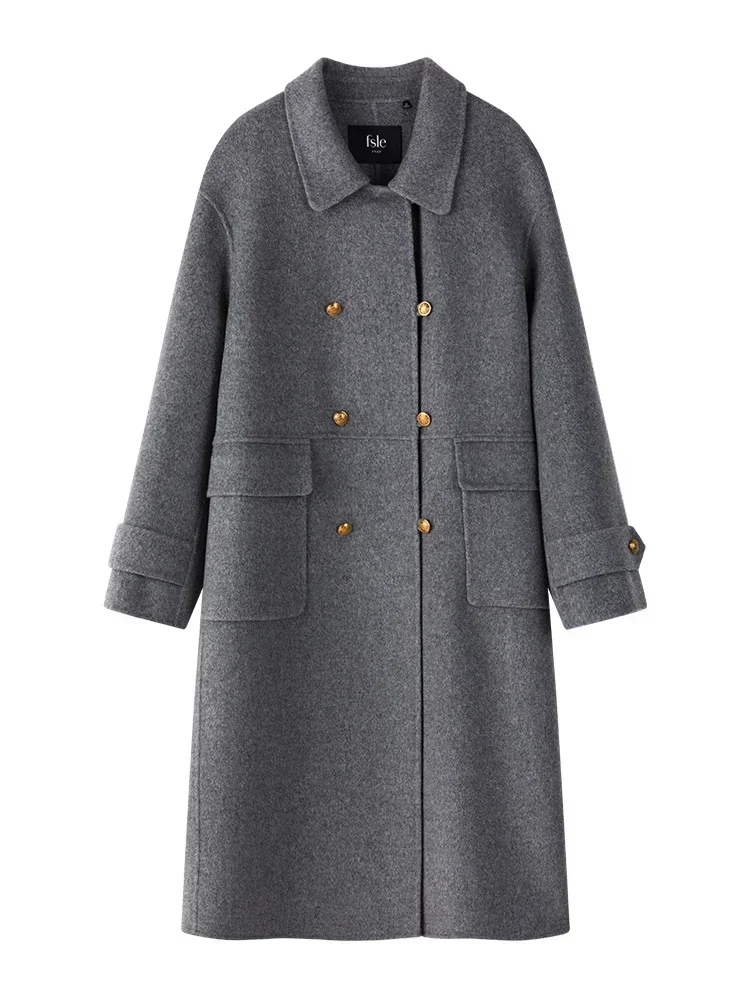 FSLE 100% Wool College Style Women Navy Blue Long Woolen Jackets Drop Sleeve Design Casual Winter New Female Grey Wool Coats