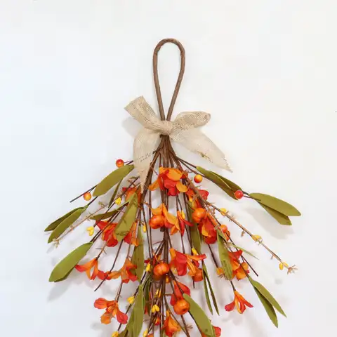 Fall Harvest Pumpkin Teardrop Swag Artificial Floral Wreath Door Hanging Ornament For Thanksgiving Home Decoration