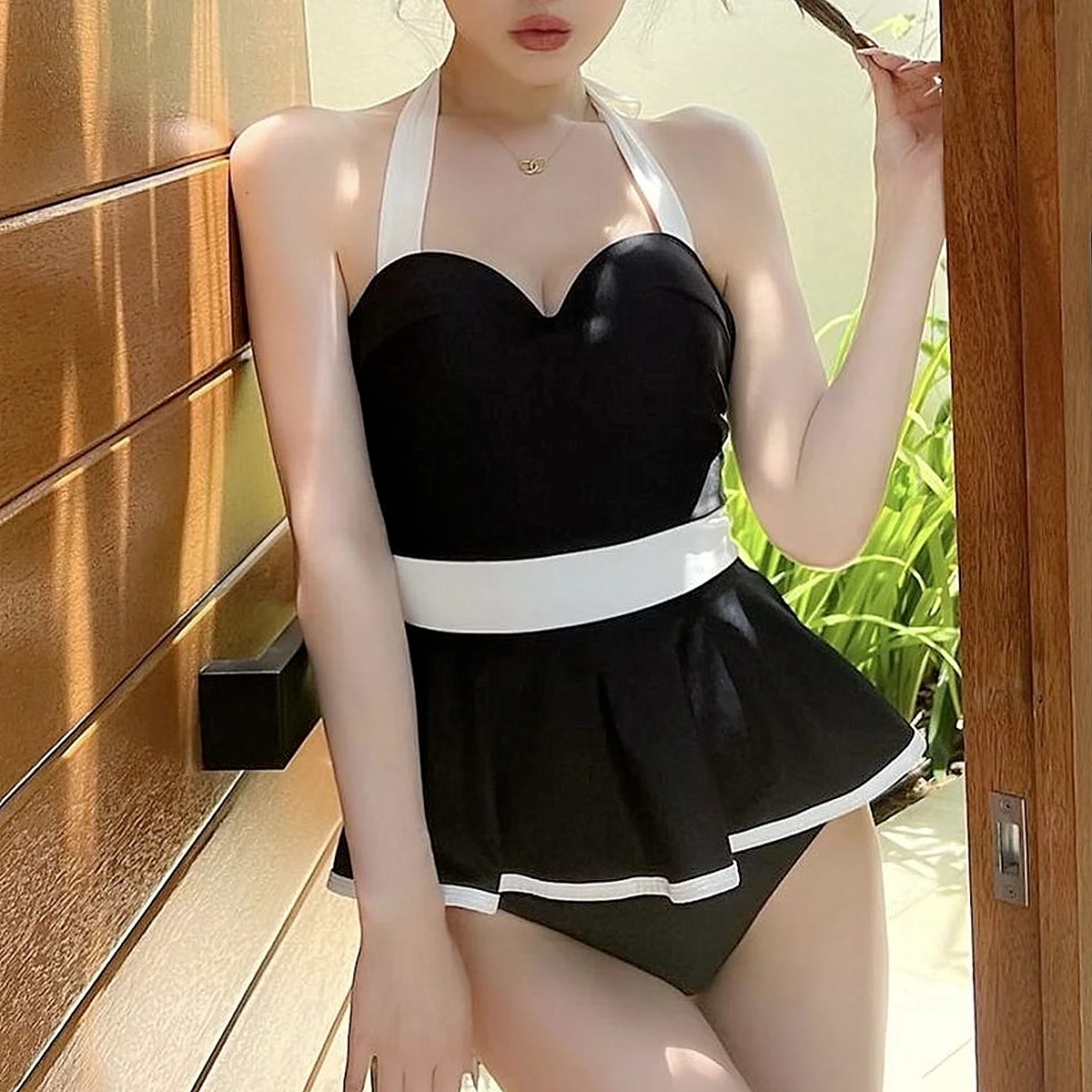 2023 New Women One Piece Push Up Sexy Swimsuit Backless Korean Style Swim Dress Belly Hidden Bathing Suit Maillot De Bain Femmal