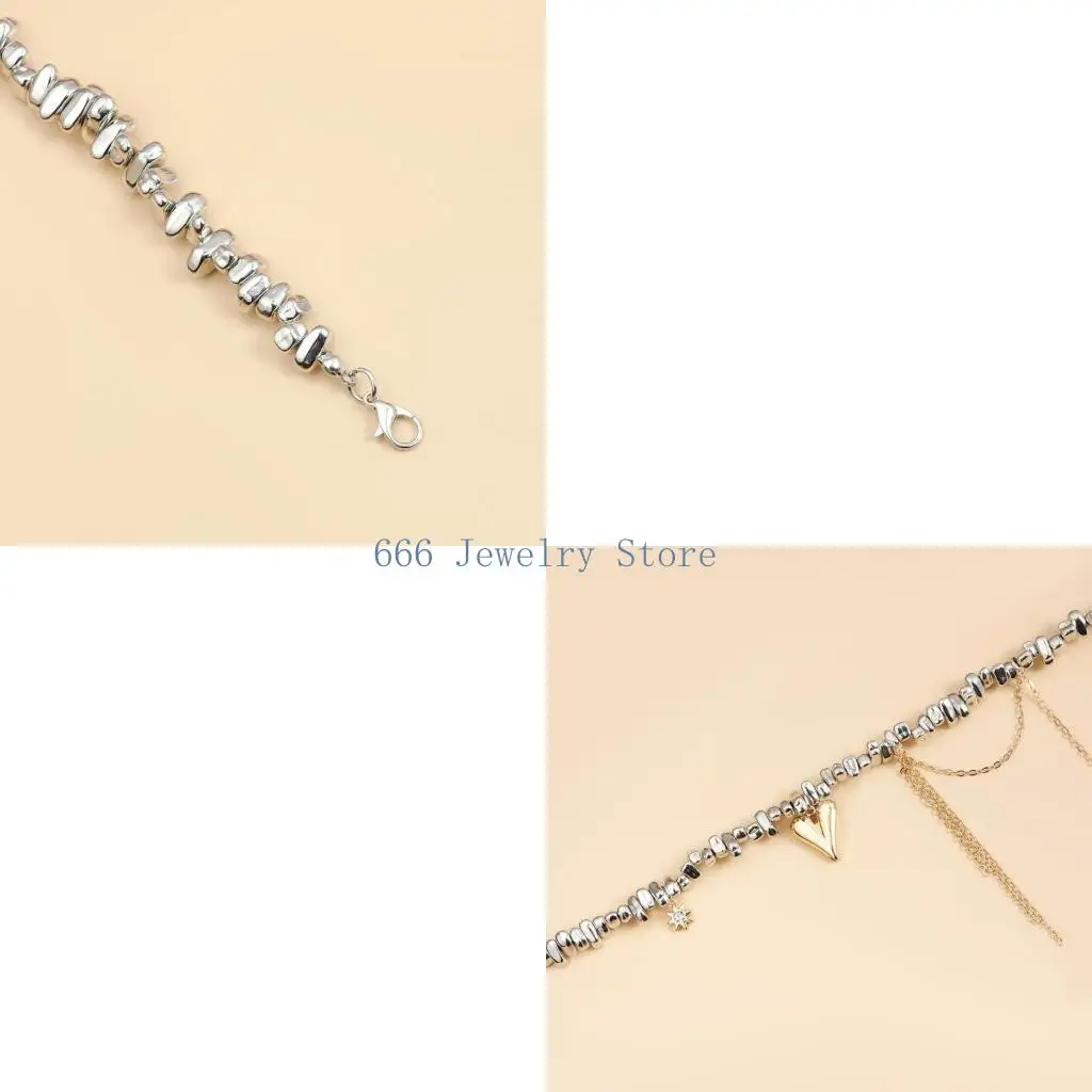 F2TD Fashionable Heart Tassels Necklace With Asymmetrical Beads For Modern Women