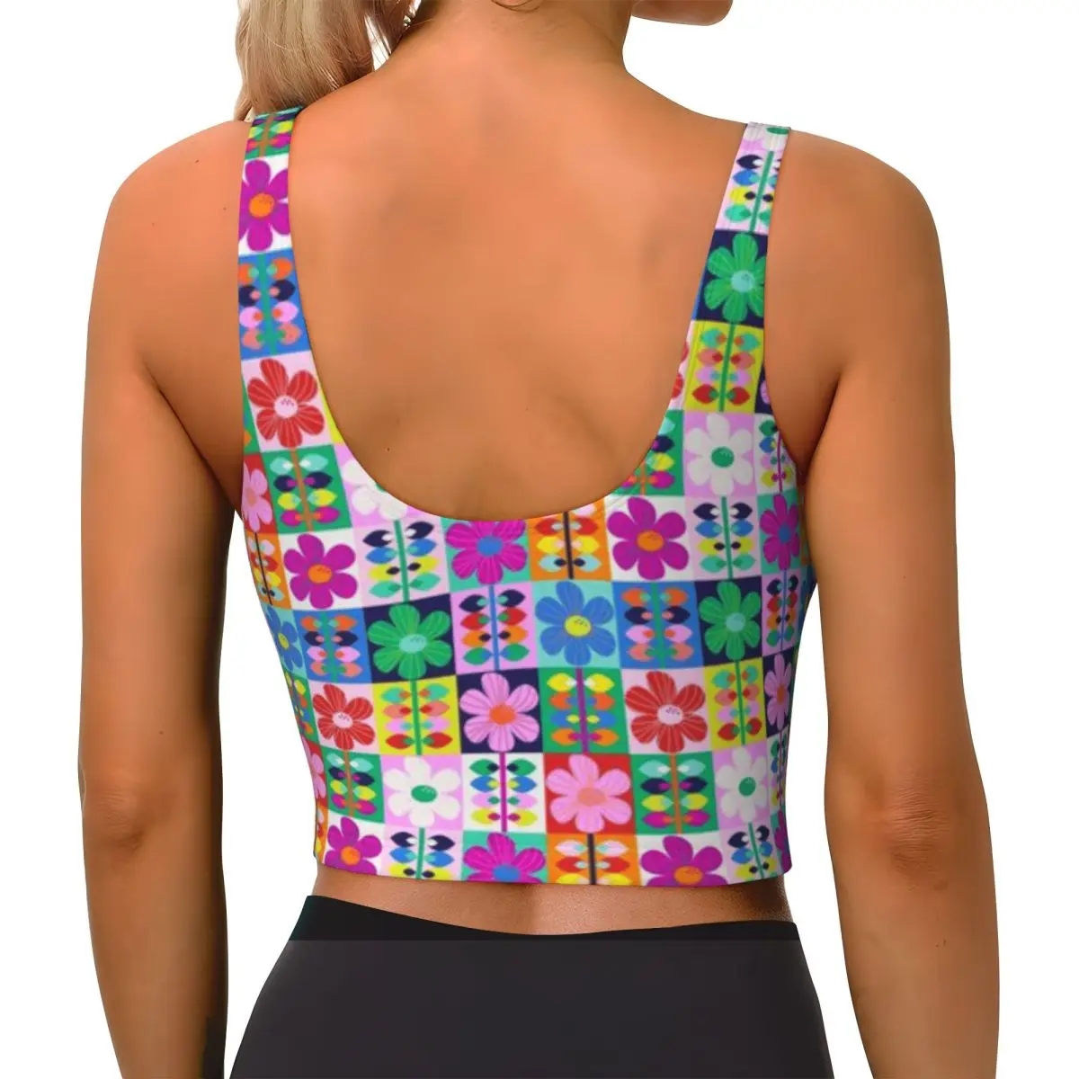 High Neck Sports Top Gorgeous Retro Scandi Flowers In All The Colours Early Morning Trail Walk Beach Cover Up Top
