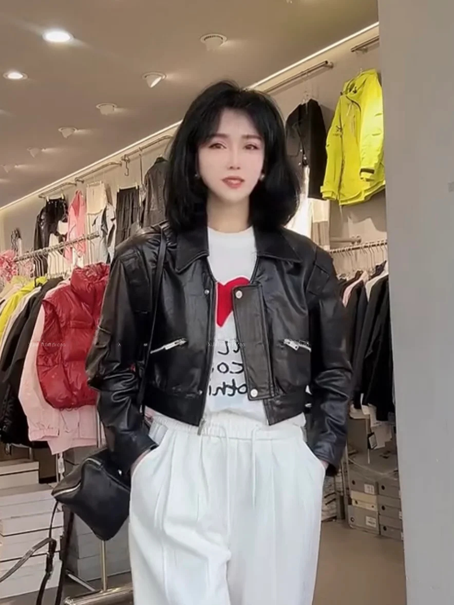 

Ning 2025 Autumn Winter New Sle ular Women's ort Leather Jaet eepskin Genuine Leather Zipper Collar Coat