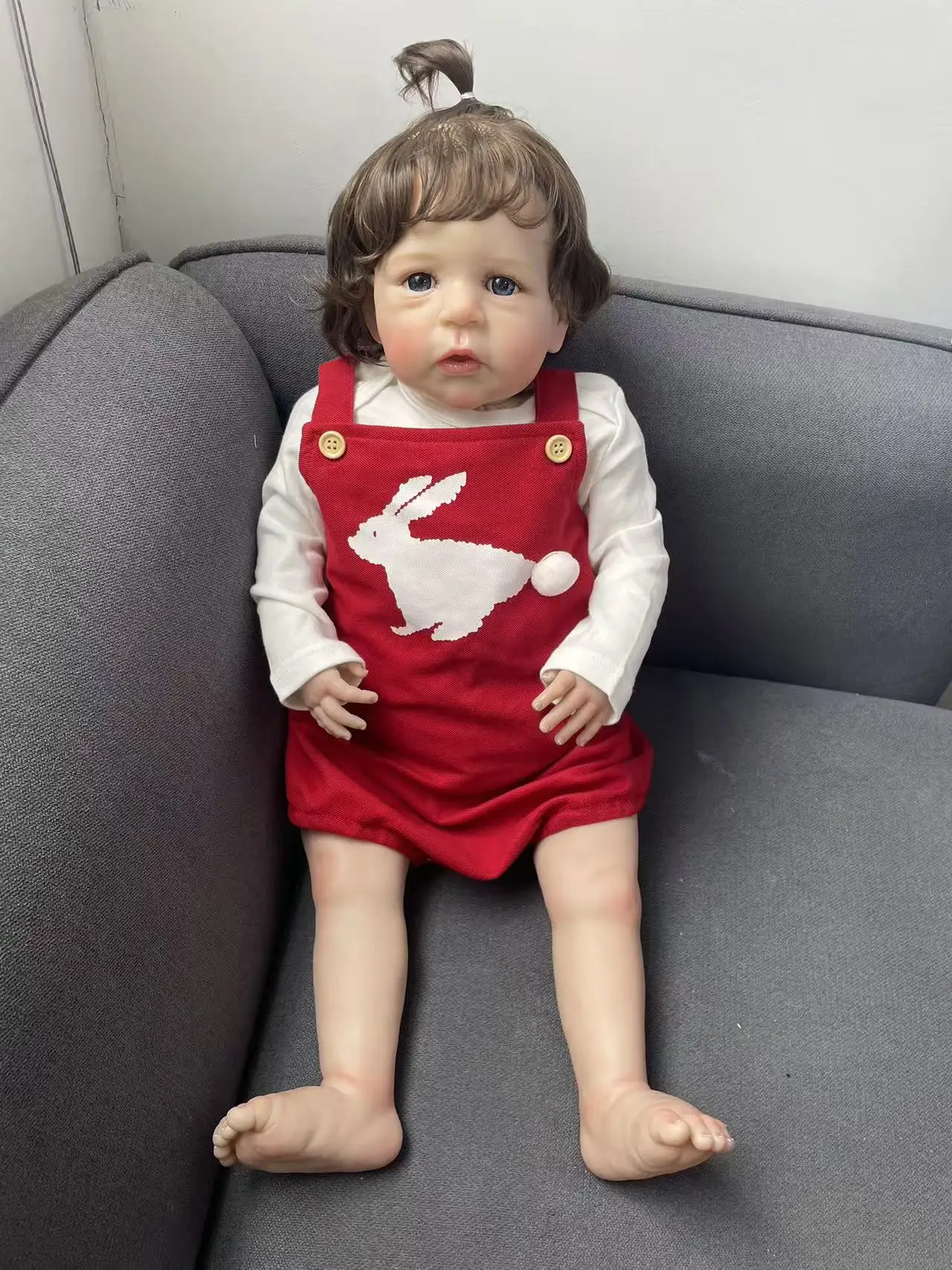 24Inch Hand Root Hair Sandie Wearing White Long Sleeved Rabbit Print Red Overalls Lifelike Multiple Layers Painting Reborn Doll
