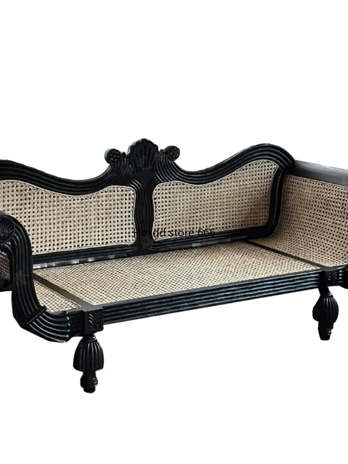 Solid wood braided rattan sofa carved old antique double trio