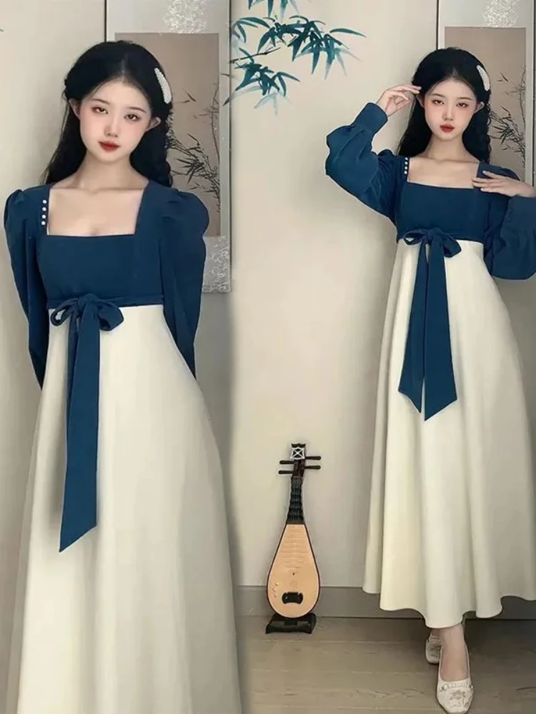 Chinese Vintage Graceful Long Women's Dress 2023 Spring Autumn Retro Square Collar Blue Bowknot Belt Dresses Lady Elegant Robe