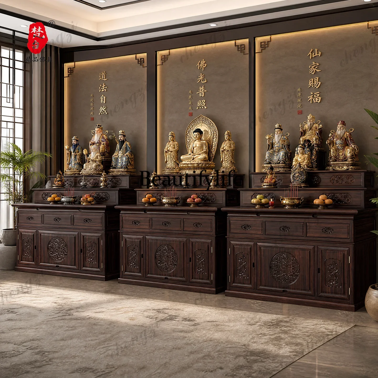 C178 Three-layer solid wood Buddhist hall offering table incense case, central hall offering table Guan Gong Buddhist altar tabl