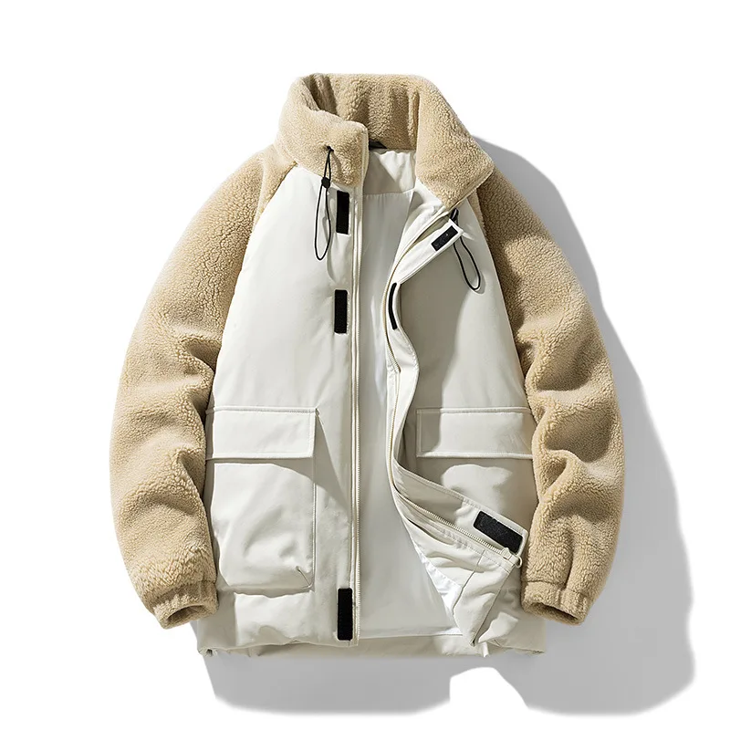 

OIMG Fashionable lamb wool cotton coat men's winter color blocked thick warm cotton coat cotton jacket jacket