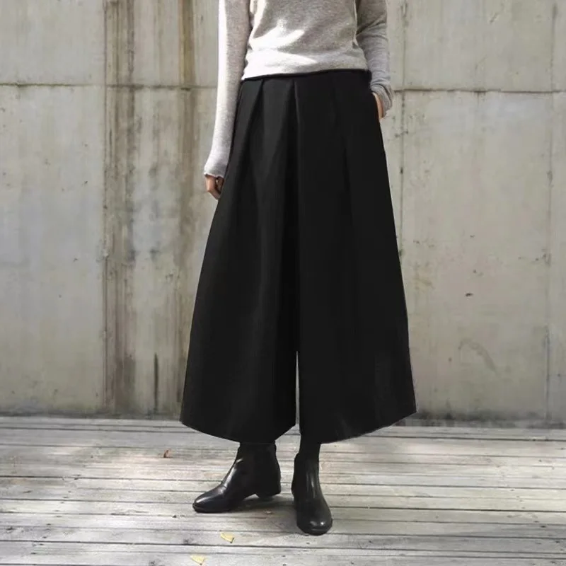 Women Elegant Woolen Wide Leg Skirts Pants Casual Loose Winter Autumn Straight Trousers Elastic High Waist Fat Leg Pants