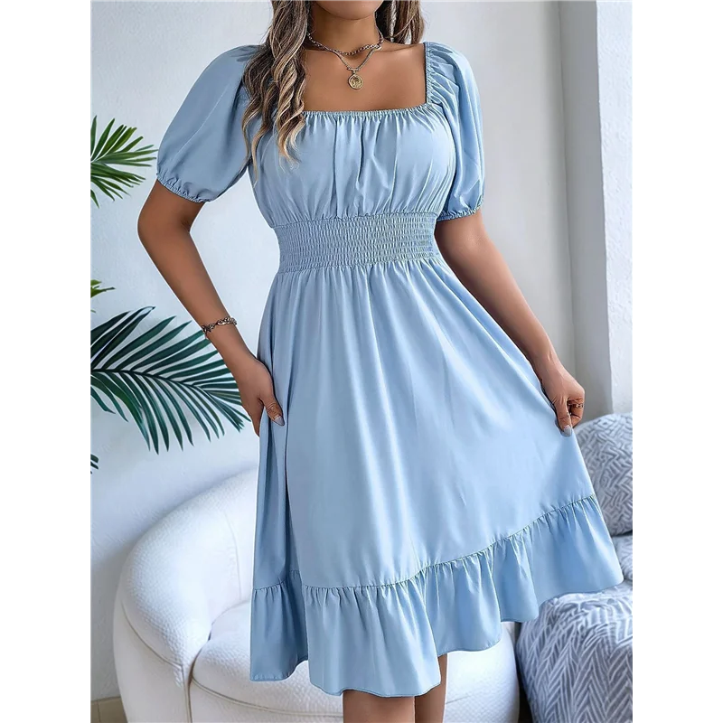 【SEE】Women's Boho Summer Square Neck Puff Sleeve Off Shoulder Smocked Tiered Casual A Line Short Mini Dress
