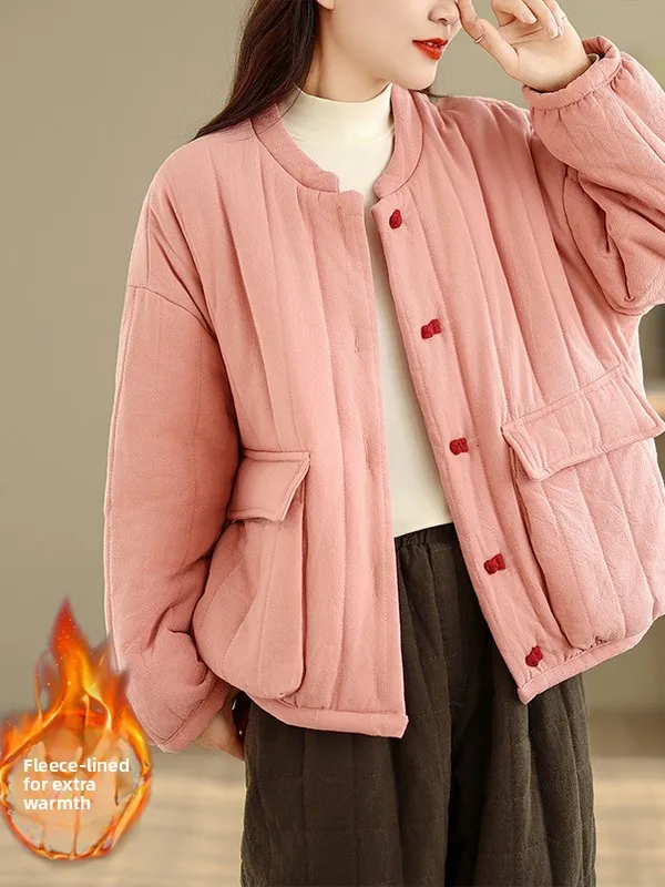 

Authentic Artistic Vintage Button Loose Cotton Jaet Women's Winter Relaxed Lazy Warm Cotton Clothes Long Sve Stand Collar