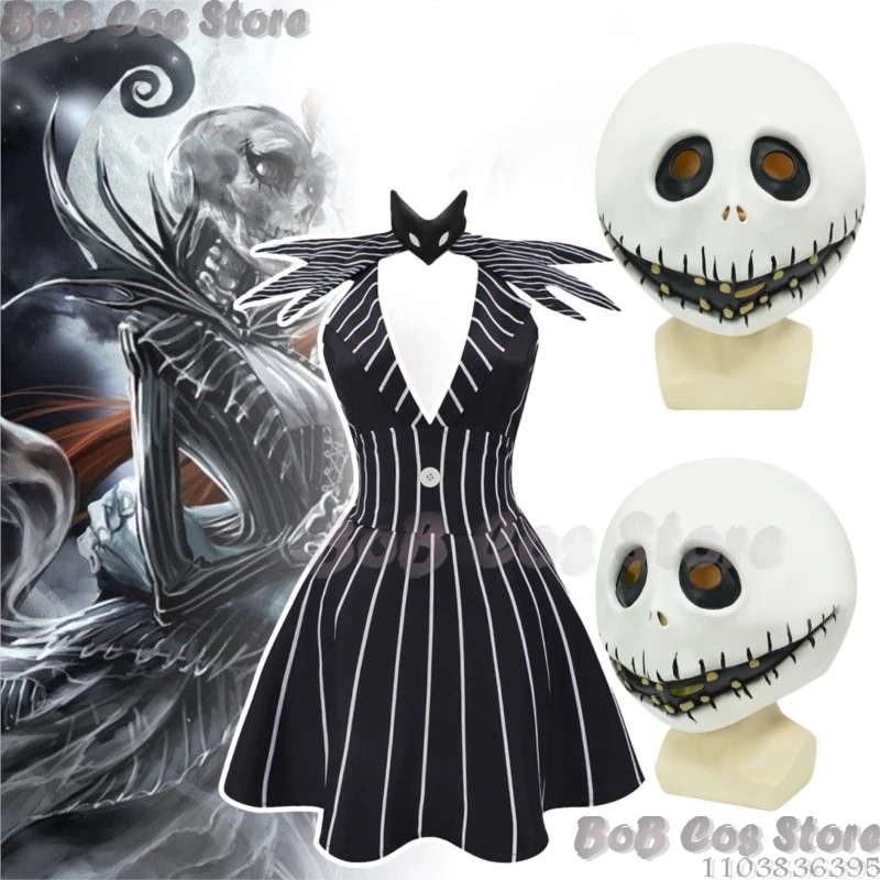 Jack Female Cosplay Costume Black and White Striped Skirt Dress Holloween Nightmare RolePlay Women Uniform Skull Mask Big Mouth