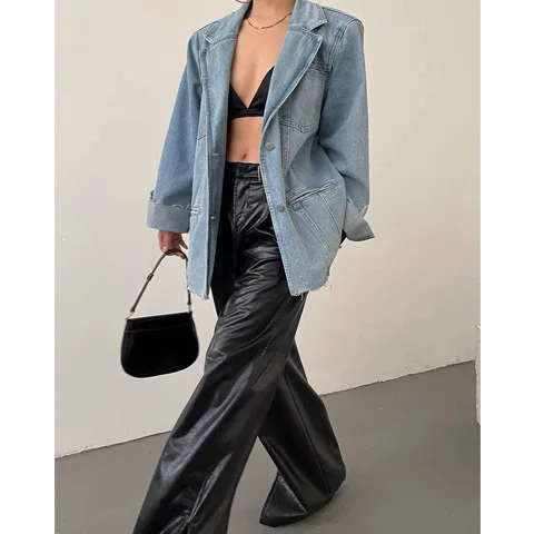 Giacca di jeans con spalline SuperAen per donna Tasca retrò americana di media lunghezza Primavera e autunno Cappotti di moda con intaglio di nuovo design