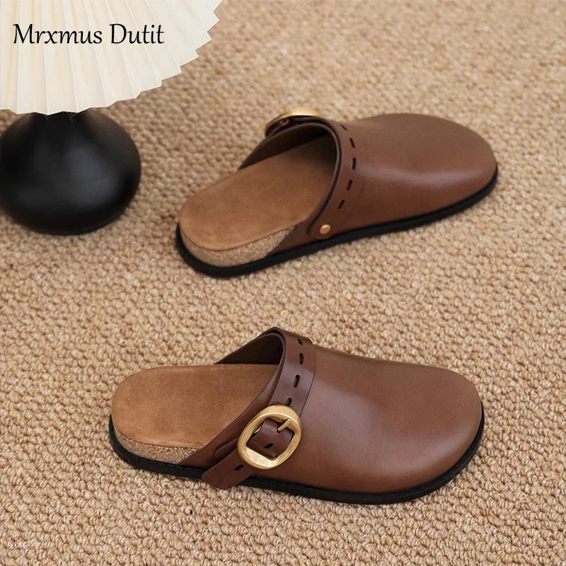 Mrxmus Dutit 2023 Women Genuine Leather Metal Buckle Wooden Clog Thick-soled Sandals Casual Versatile Burkane Shoes Female Chic