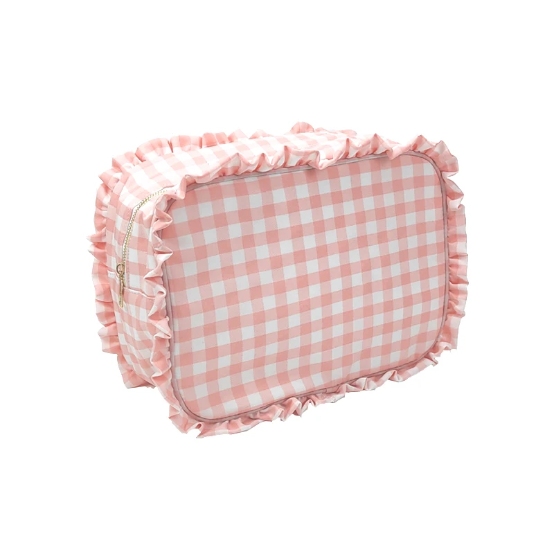 10pcs/set Ruffle Gingham Large Pouch Custom Makeup Bag Zipper Personalized Patches Plaid Travel Pink Bule Cosmetic Bag Organizer