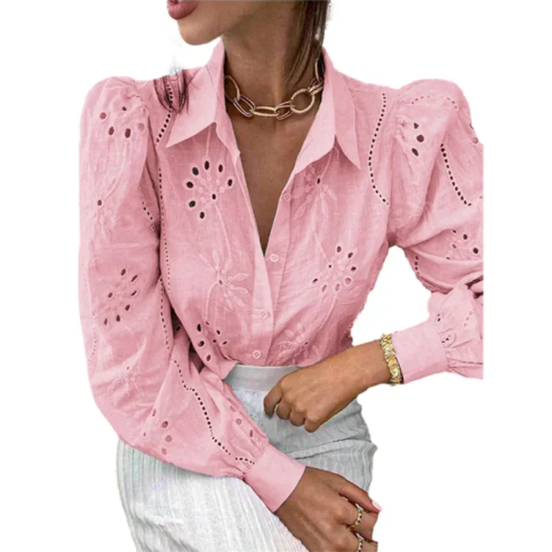 Women Elegant Embroidery Hollow Out Shirt Lapel Single-breasted Cardigan Blouse Female Autumn Long Sleeve Solid Color Tops 2024