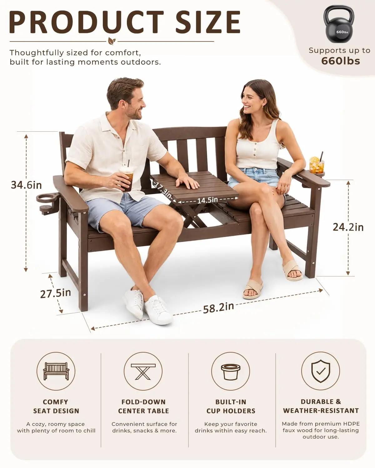 Material, Outdoor Use Lifting Middle Table,Built In Cup Holders,Low Maintenance,Supports 1-3 people
