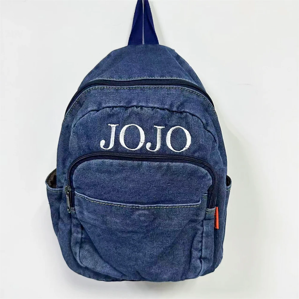 Women Denim Backpack Custom Embroidered Name Student Outgoing Shoulder Bag Personalized Simple Denim Small Backpacks Unique Gift