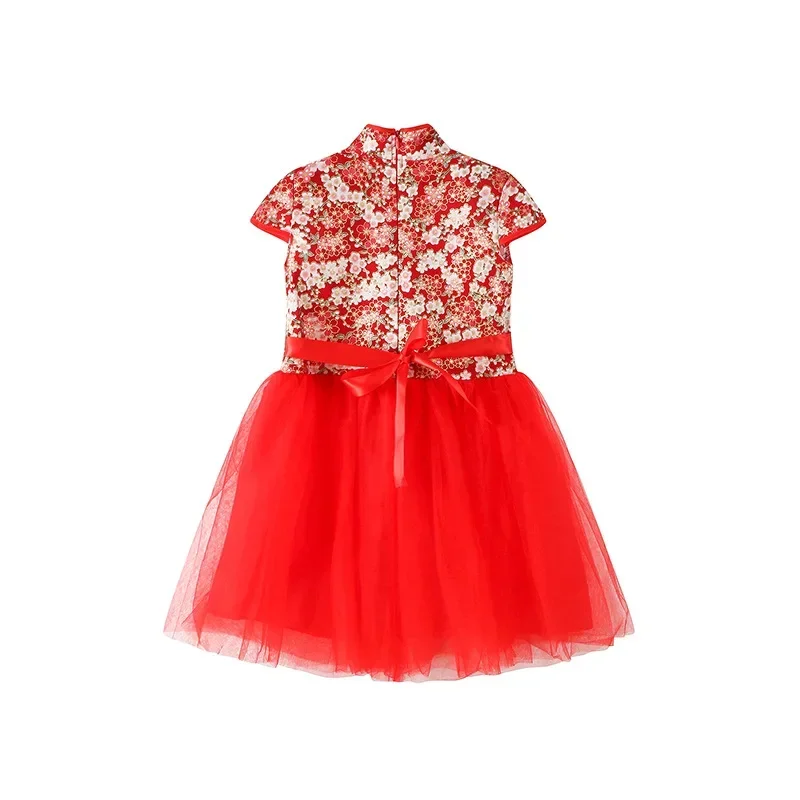 Rotes Sommerkleid für Kinder, Qipao, chinesische Mode, Performance-Cheongsam, Netzstoff, Prinzessinnenkleider, Tanzkleidung für Kinder, Vestidos – Detail 13