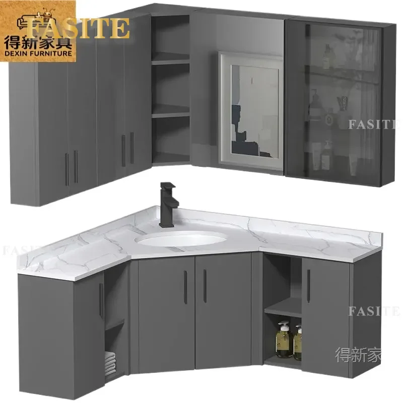 For Bathroom Solid Wood Corner Vanity Cabinet with Ceramic Integrated Basin Slate Wash Table Triangle Storage Furniture Space