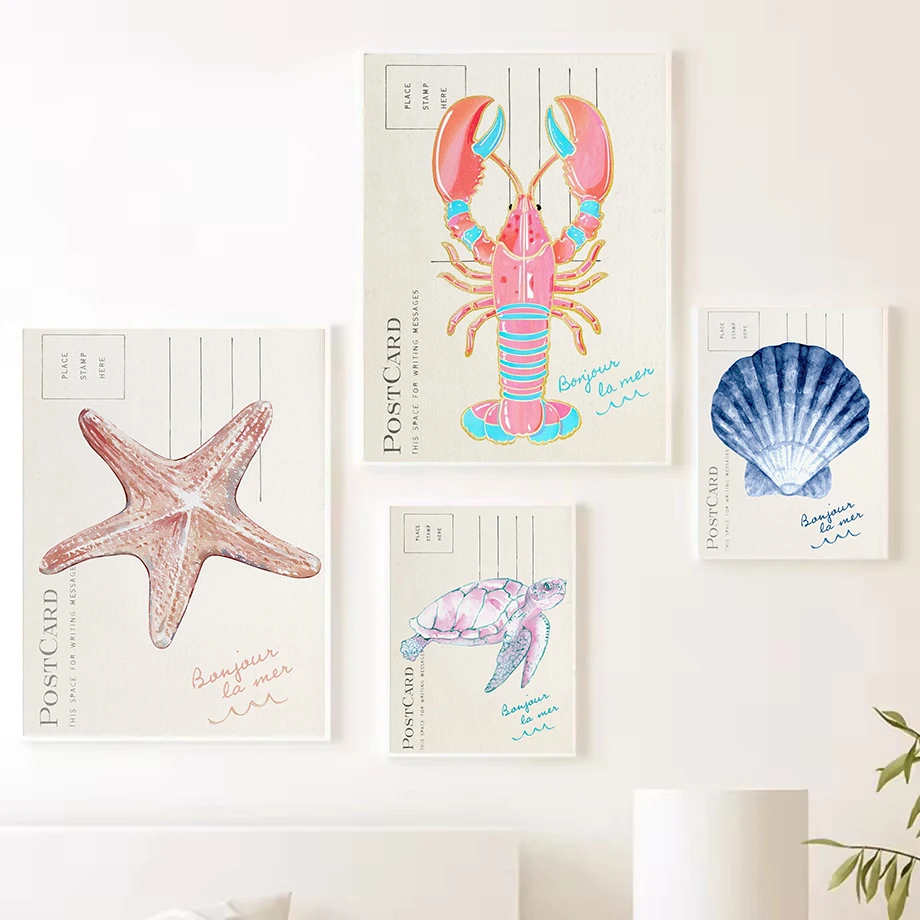Boho Coastal Seashell Sea Turtle Lobster Beach Preppy Aesthetic Nordic Poster Wall Art Pictures Canvas Painting Home Decor Gift