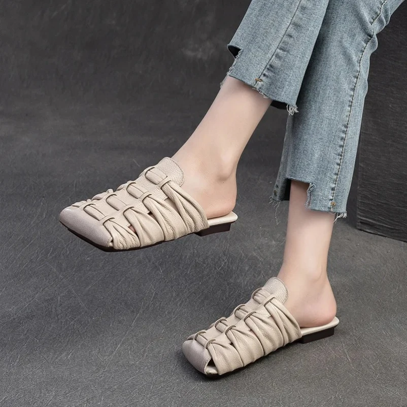 

2025 сандалии из коровьей кожи на плоской подошве, женская обувь на танкетке с квадратным носком, плетеные тапочки, летние женские этнические туфли