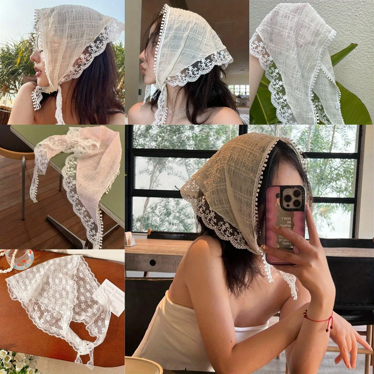 

White Lace Triangle Scarf Floral Spring Headband for Women Vacation Photo Props Elegant Princess Style Hair Accessories Headwear