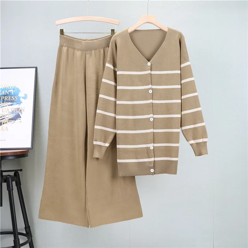

Pant Set Women Two Piece Sets Matching Sets Autumn Winter Striped Knitted Mid Length Tops Y2k Streetwear Wide Leg Long Pants