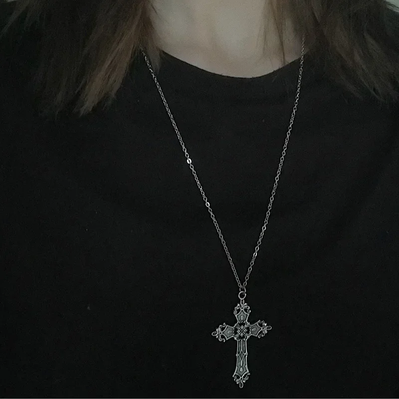 Retro Goth Cross Pendant Necklace for Men Women Religious Faith Holiday Personality Classic Stainless Steel Jewelry Punk Gift