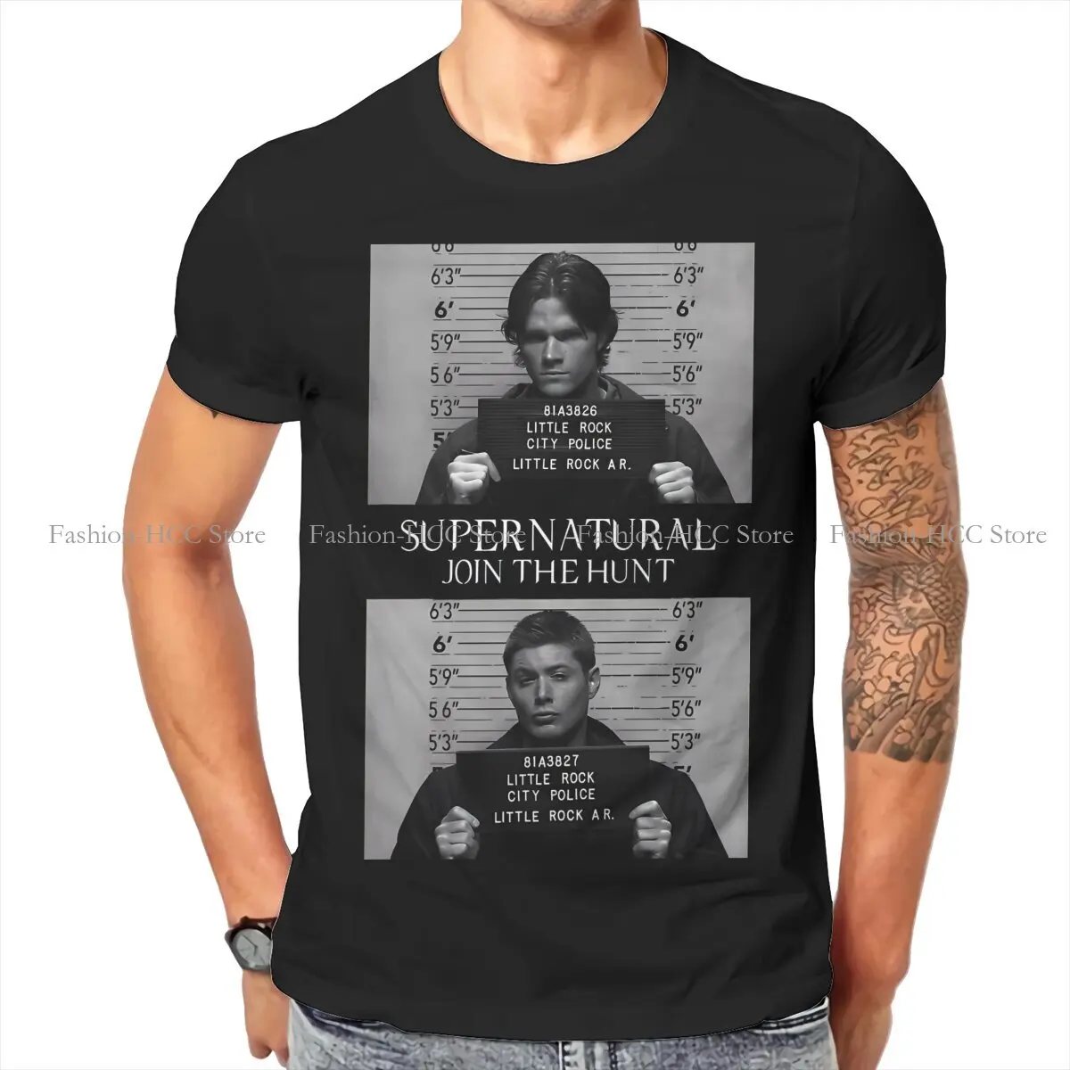 Mugshot\'s Round Collar TShirt Dean Winchester Supernatural Fabric Classic T Shirt Men Clothes Individuality