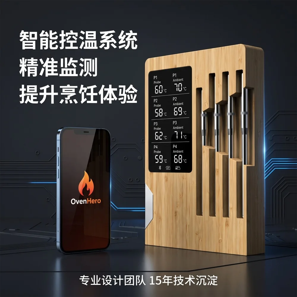 Bluetooth four-needle barbecue thermometer, grilled steak and mutton slow-cooked and smoked at low temperature