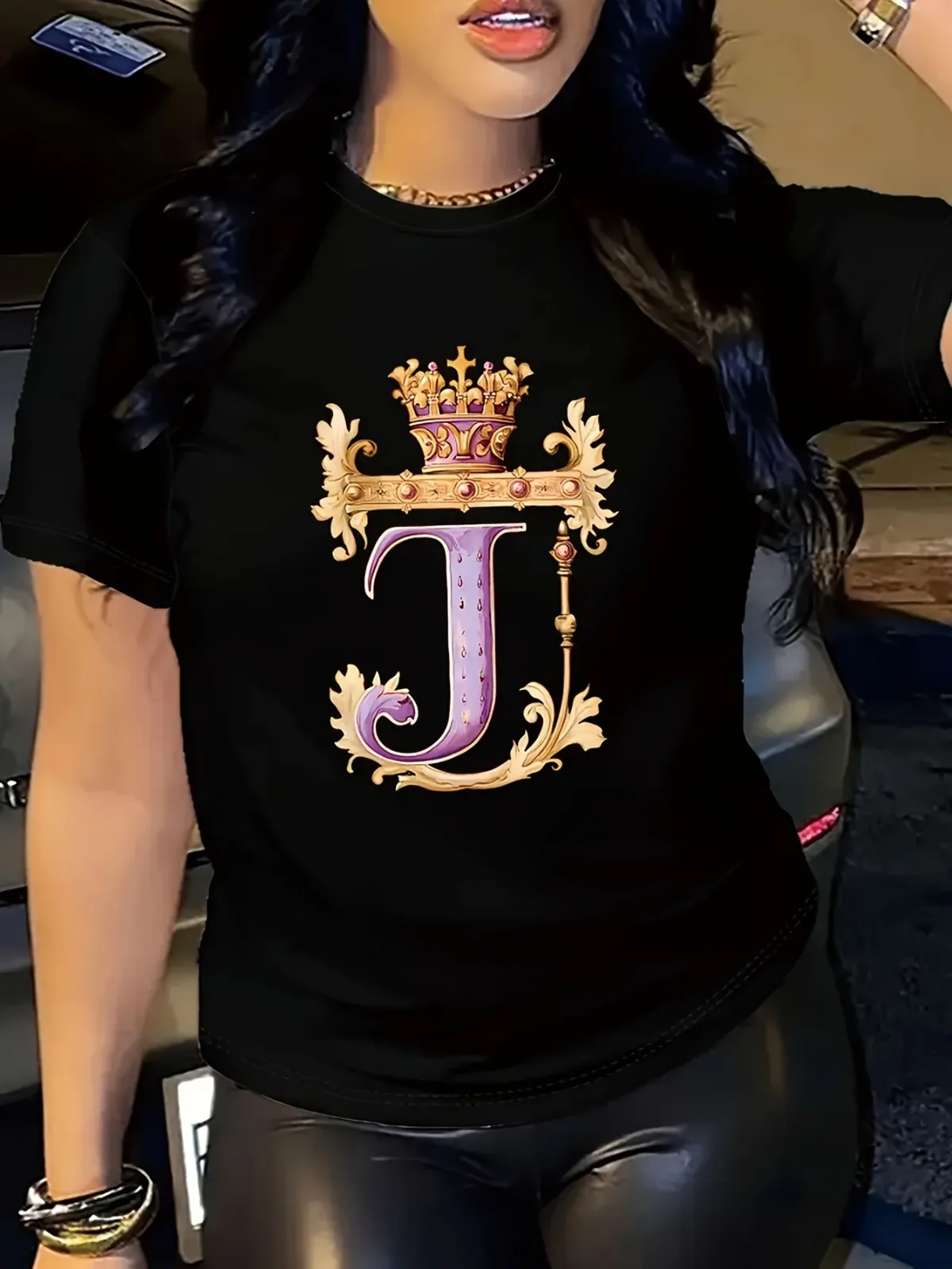 レディース ロイヤル クラウンとレター J パターン 半袖 T シャツ オールシーズン 適切な カジュアル トップ ストリート スポーツ ビーチ スタイル