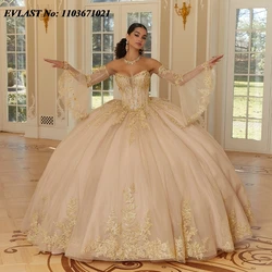 EVLAST Customized Champagne Quinceanera Dress Ball Gown Shiny Gold Lace Applique Beading Sweet 16 Vestidos De 15 Anos SQ737