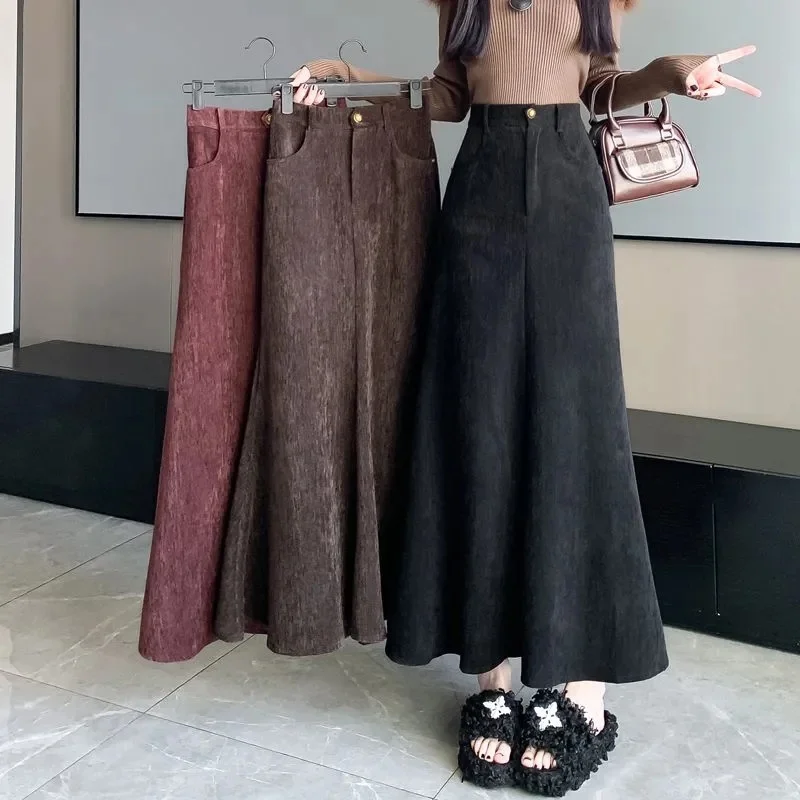 Spring Ladies Casual Suede Fishtail Skirt Autumn Female Large Size 5xl Maxi Skirt Korean Women New High Waist A-line Long Skirts