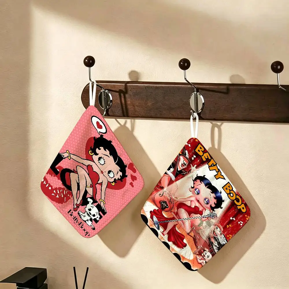 Pretty Cartoon B-Betty B-boop Hanging Kitchen Towel, Polyester Cotton Fabric, Absorbent Hand Wiping Towel for Home Dormitory