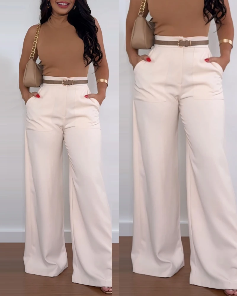 Women's Urban Trousers Office Solid Color Loose Commuter Business Pocket Design High Waist Straight Wide Leg Pants for Woman