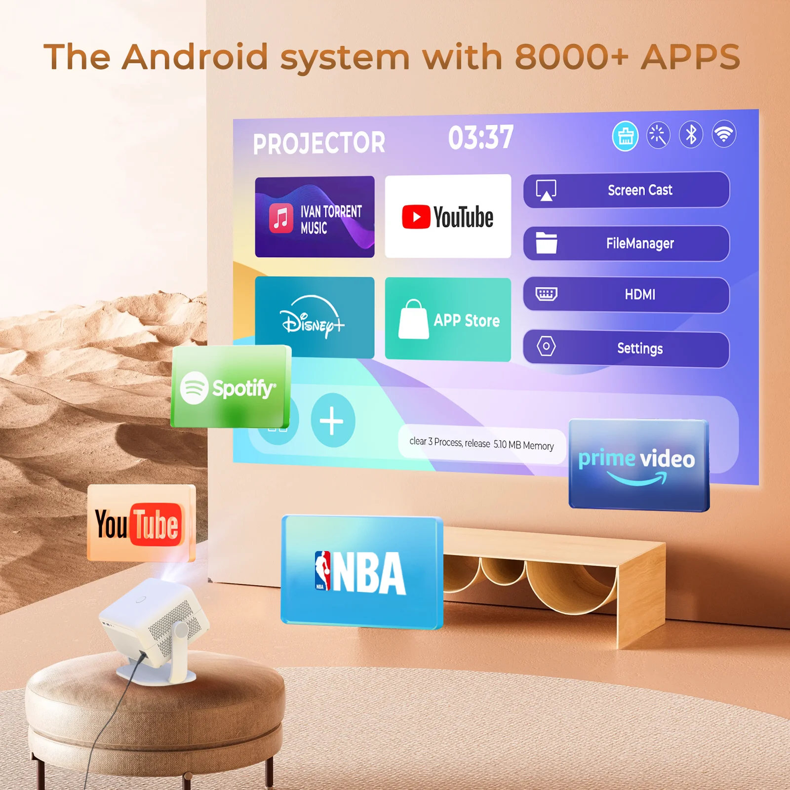 Lyncast 600ANSI L018 4K Портативный проектор Native 1080P с автофокусом Коррекция трапецеидальных искажений Android 11 BT5.2 WIFI6 360 °   Домашний кинотеатр