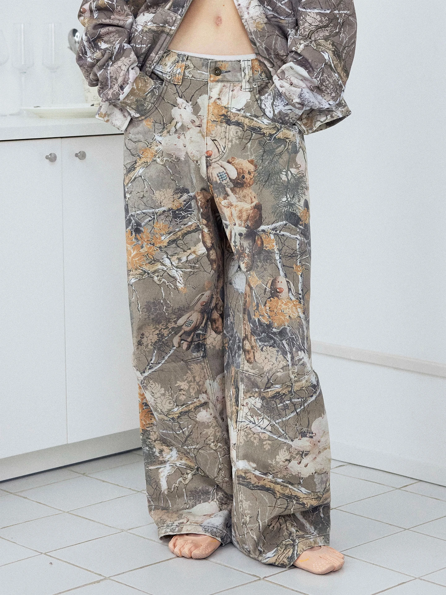 

Casual Camouflage Waed Loose Women's Work Pants Straight Leg Cool Sle Vintage Long Trousers l Waist Cotton