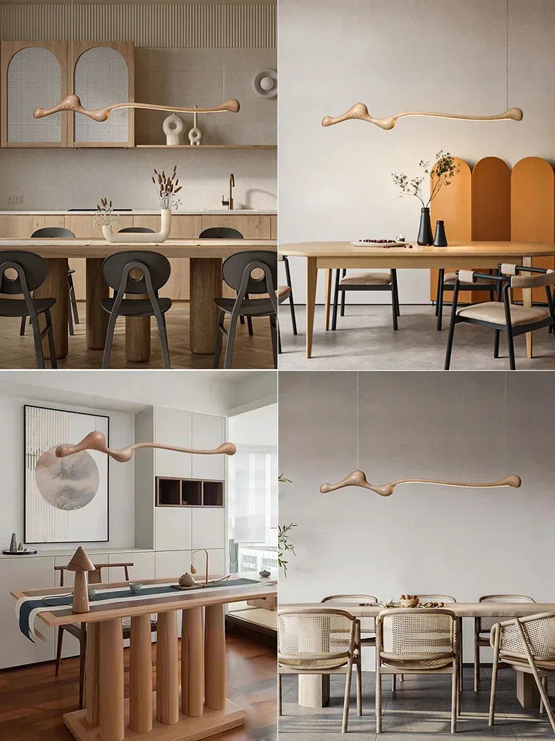 Modern Ash Wood LED Pendant Lights Dimmable With RC/APP Indoor Decoration Hanging Lamp Kitchen Island Dining Living Room Office