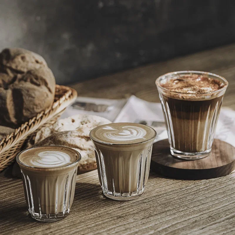 

Coffee Cup Clear Espresso Stripes Glass Cup Wide Mouth Mocha Hot Beverage Mug Drinking Latte Cappuccino Tea Cafe