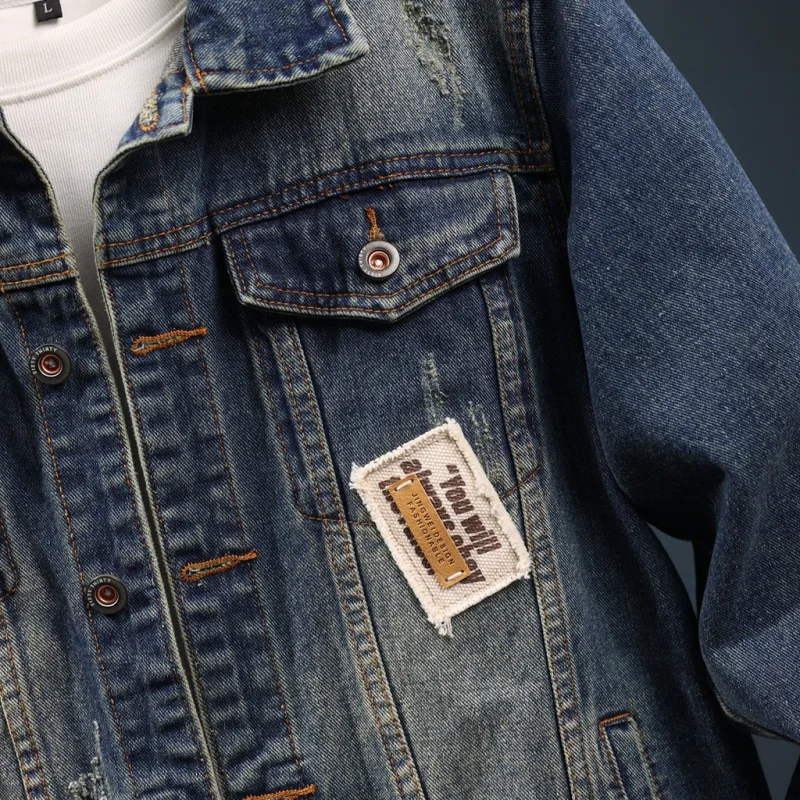 Jaket Denim Vintage pria, jaket sepeda motor kelas atas tampan jalanan bercetak tren musim gugur dan musim dingin baru 2024