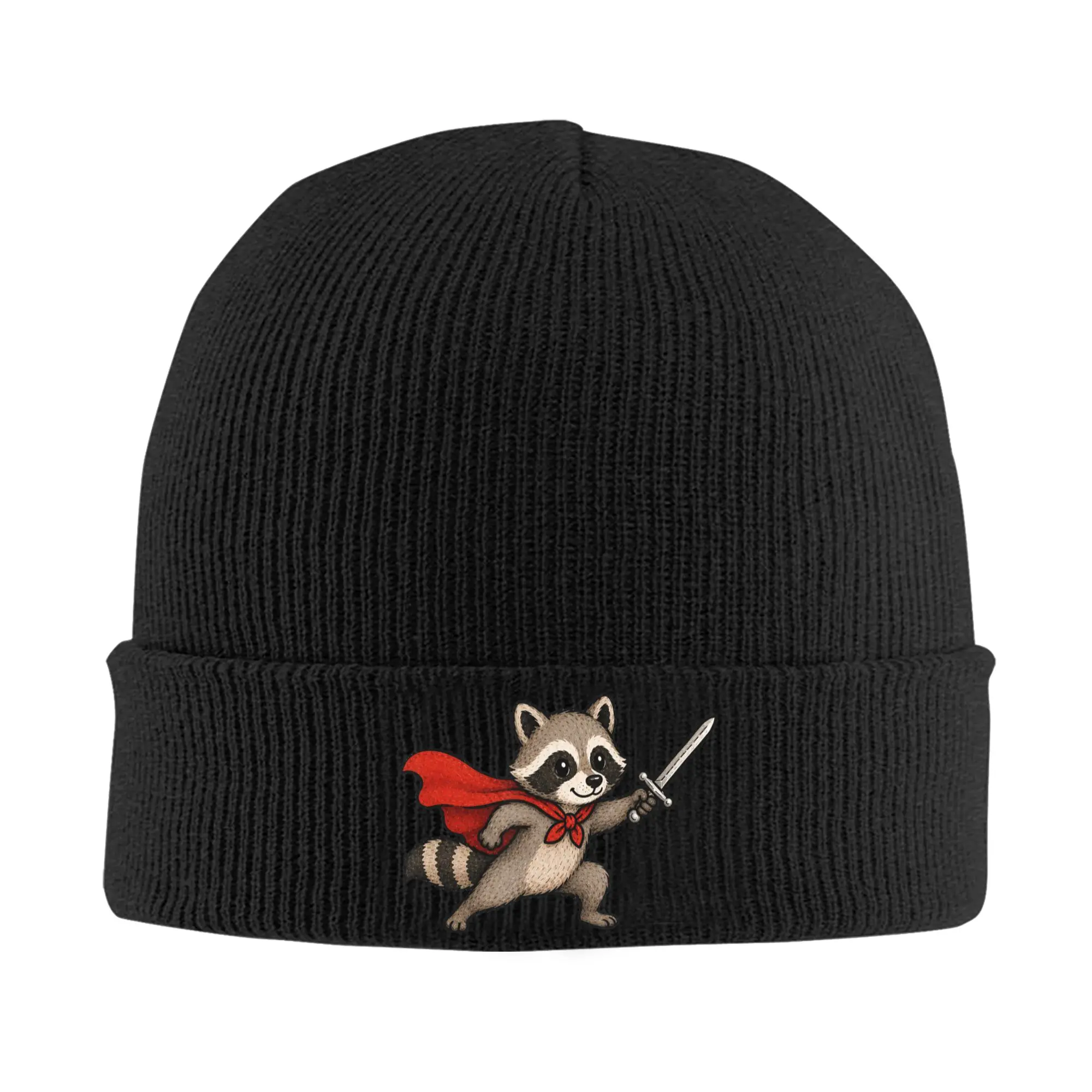 Cute Raccoon Knight with Sword and Cape Fantasy Adventure Bonnet Hats Beanie Hats Autumn Knitting Hat Cool Unisex Warm Soft Cap