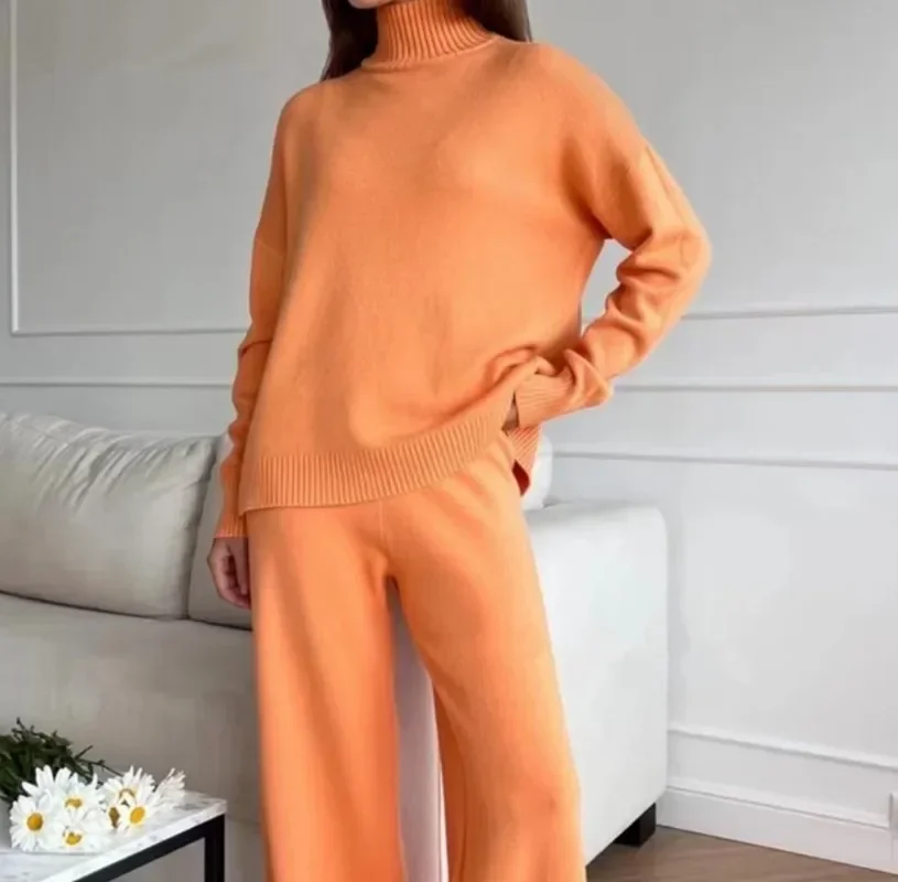 Autumn Winter Korean Fashion 2 Pieces Women Sets Knitted Tracksuit Turtleneck Sweater And Straight Jogging Pants Suits Y2k