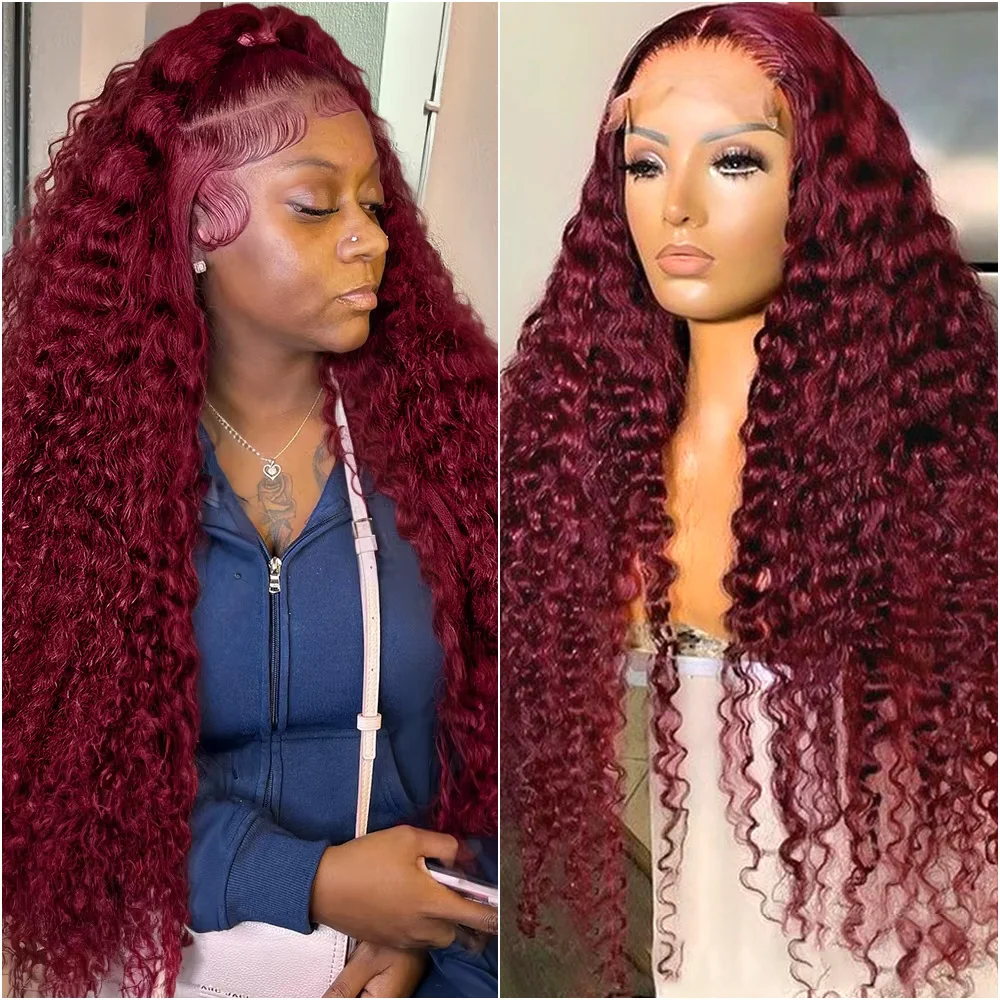 

Накладной парик из натуральных волос 99J Deep Wave, 200% плотность, 13x4 HD Lace Front, цвет бордовый, 13x6 Lace Frontal, кудрявый, предварительно проработанный, для женщин