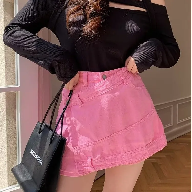 

Розовая джинсовая юбка, женская летняя новая дизайнерская юбка трапециевидной формы большого размера, сексуальная антилегкая юбка с высокой талией для девочек, брюки