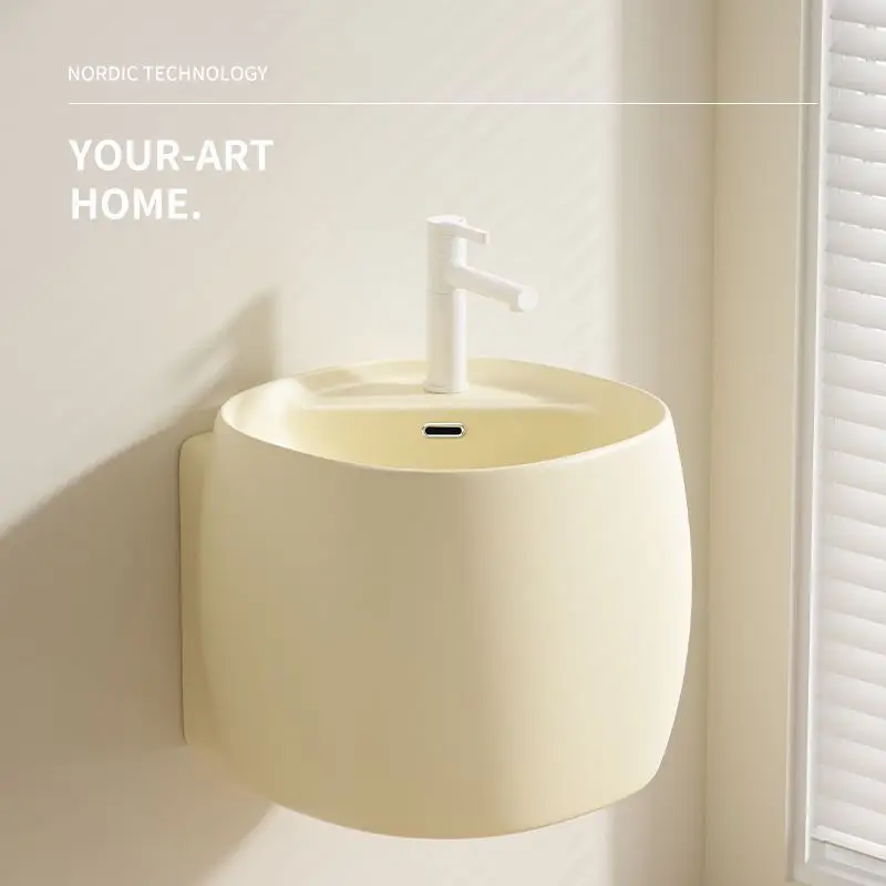 Small Size Floating Ceramic Wash Basin, Wall Mounted Deepened Integrated Sink for Household Bathroom Balcony Decor