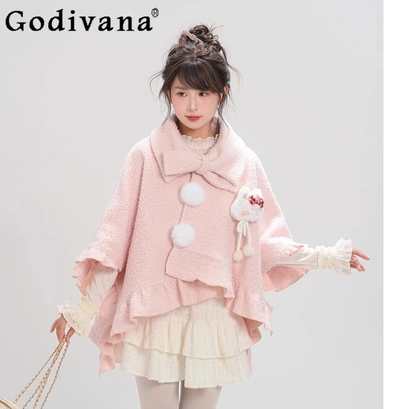 الحلو الوردي لوليتا معطف الصوف للنساء النمط الياباني Bowknot تصميم فضفاض الرؤوس الإناث الشتاء القوس طوق التخسيس العباءات