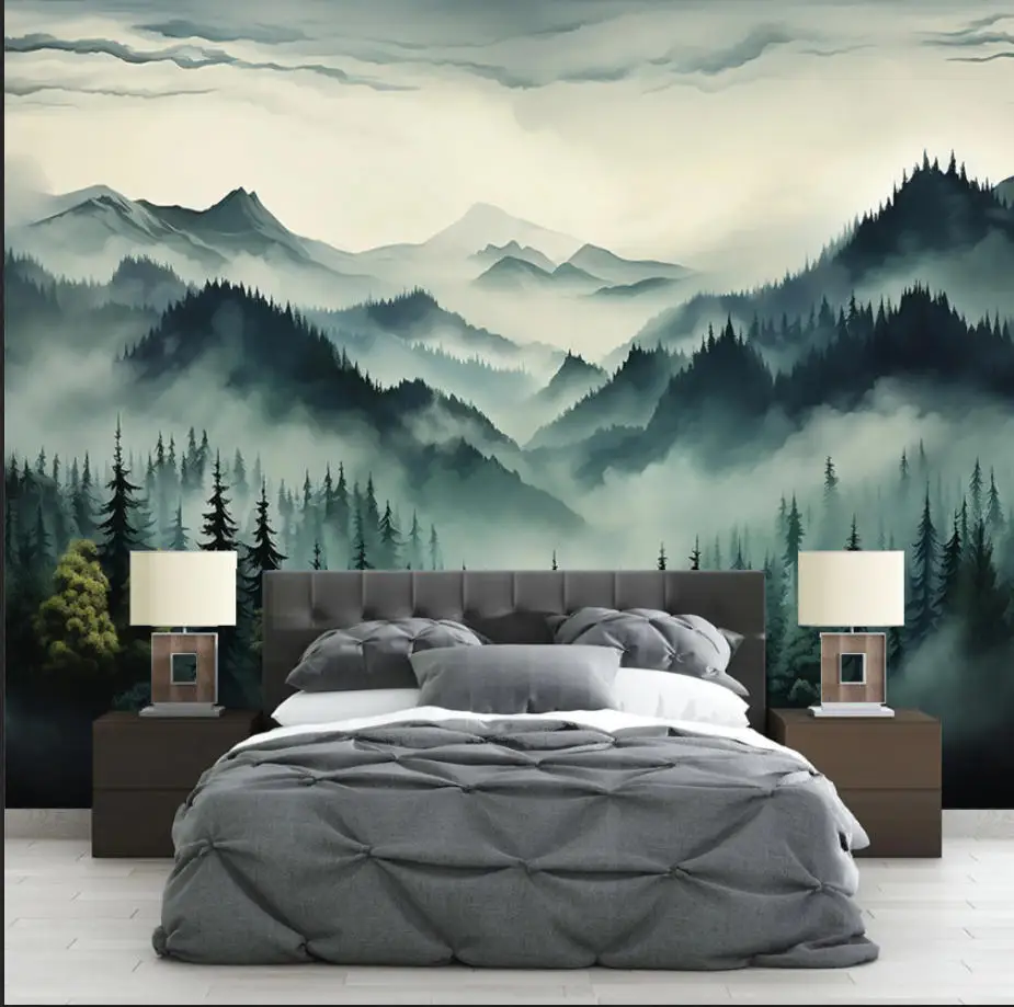 Customized Size Wallpaper Misty Mountains Flying Birds Mural Home Decoration Pine Grove Natural Landscape Tapestry Hanging