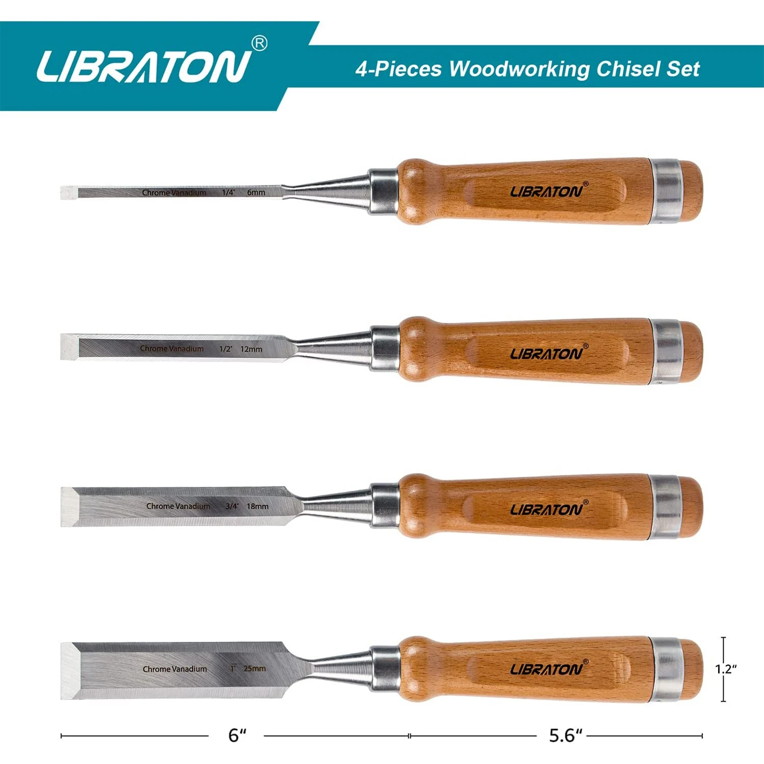 Libraton 4PCS Woodworking Chisel Set Cr-V Wood Chisels Set Professional Chisels with Leather Pouch for Carpenter