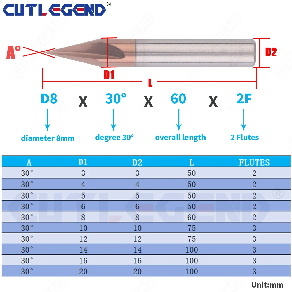 Talang pemotong penggilingan 30 derajat 2 3 seruling karbida sudut Countersink Chamfer pabrik Deburring 4 6 8 10mm tepi V Grove Router