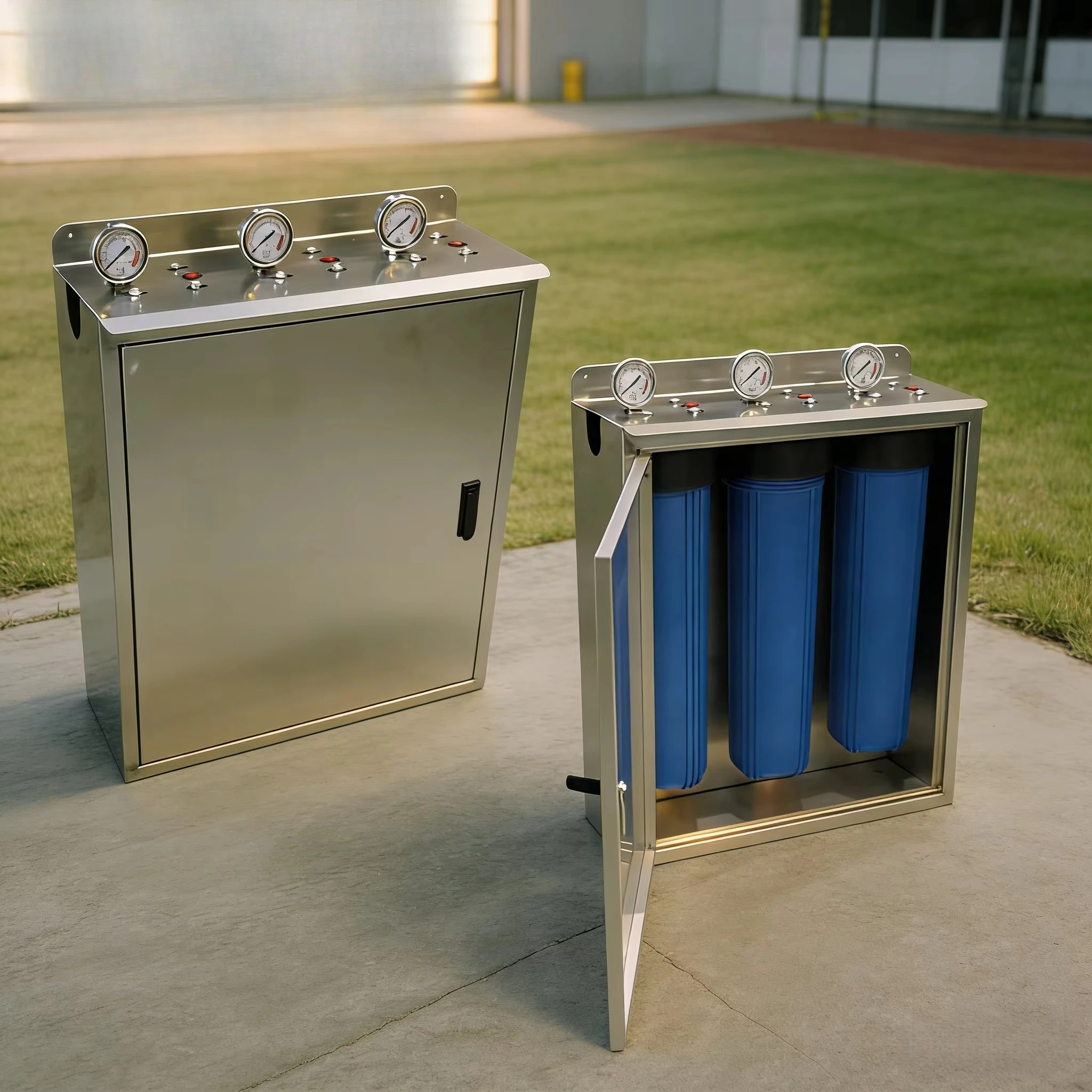 

Popular 20*4.5 BB Whole House Triple Water Filter Housing System with Ss Cover with Wrench and Filter Elements